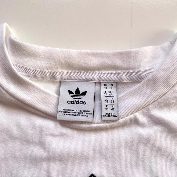 Adidas Asymmetrical Hem White T-Shirt Trefoil Embroidered Black Logo - Picture 7 of 10
